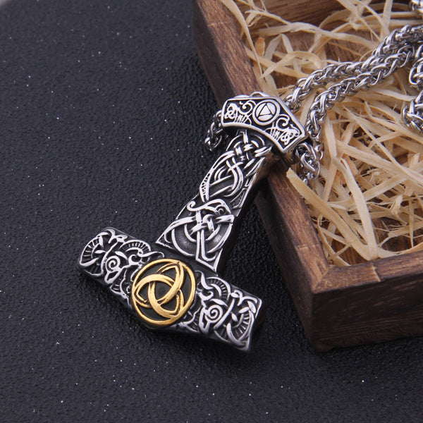 Mjolnir Hammer & Golden Triquetra Pendant Necklace - vikingshields